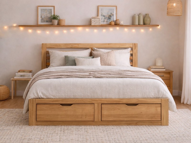 Land Of Beds Sydney Oak Finish Wooden Bed Frame2