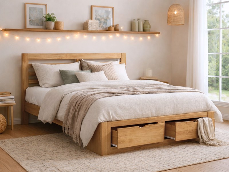 Land Of Beds Sydney Oak Finish Wooden Bed Frame1