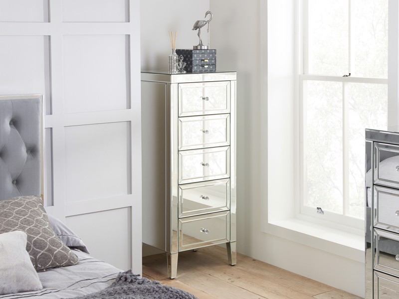 Land Of Beds Vesta Mirrored 5 Drawer Narrow Chest of Drawers2