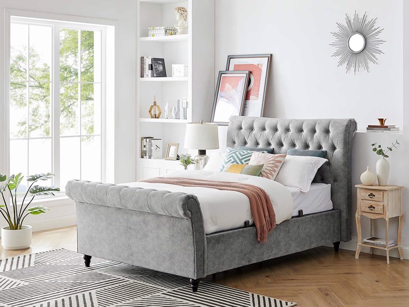 Land Of Beds Oxford Silver Grey Fabric Double Ottoman Bed1