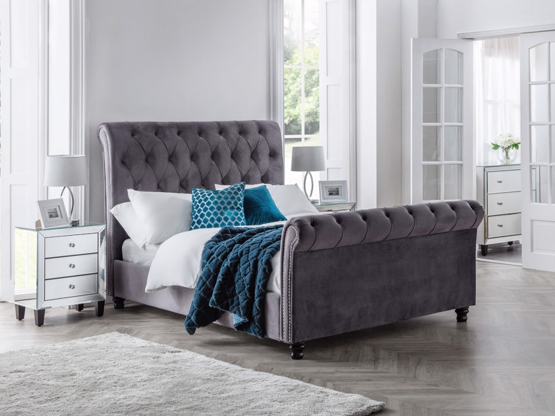 Land Of Beds Chandra Grey Fabric Bed Frame1