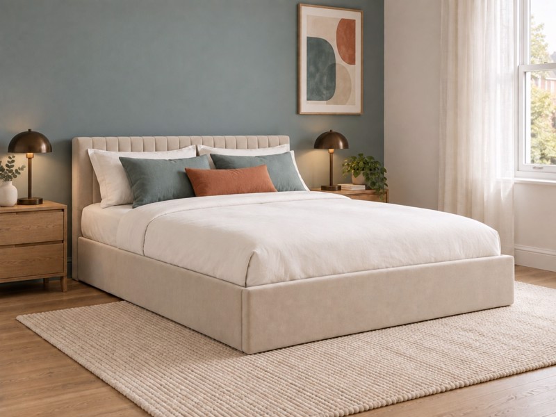 Land Of Beds Mia Beige Fabric Ottoman Bed1