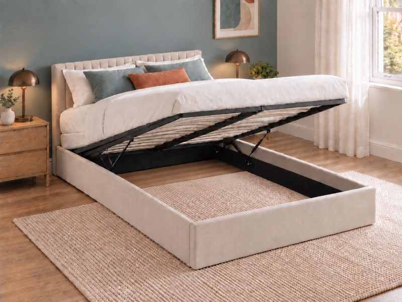 Land Of Beds Mia Beige Fabric Ottoman Bed2