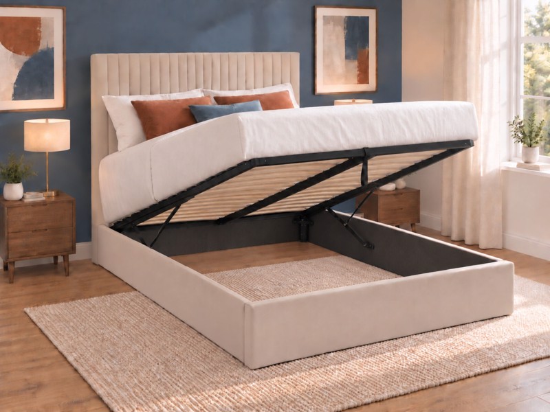 Land Of Beds Tall Mia Beige Fabric Ottoman Bed2