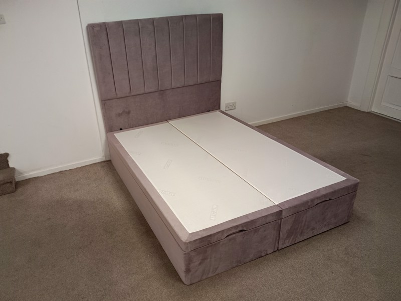 Land Of Beds Double Size - CLEARANCE - Ex-Showroom - Velvet Lilac Monty Headboard and Nara Fabric Ottoman Bed1