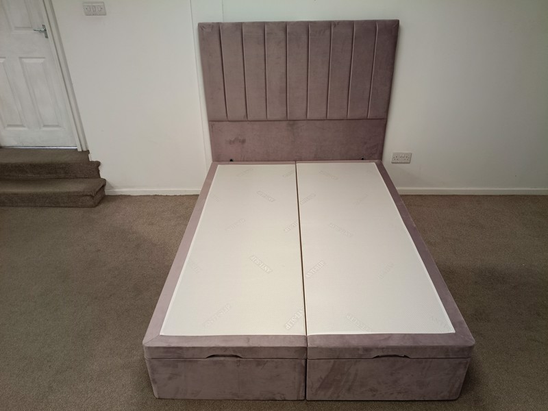 Land Of Beds Double Size - CLEARANCE - Ex-Showroom - Velvet Lilac Monty Headboard and Nara Fabric Ottoman Bed2