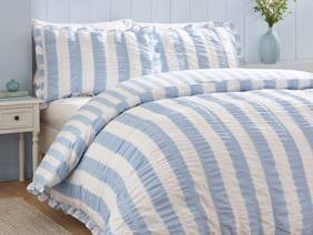 Catherine Lansfield Seersucker Frill Stripe Blue Duvet Cover Set1