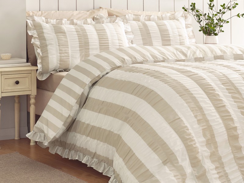 Catherine Lansfield Seersucker Frill Stripe Natural Duvet Cover Set1