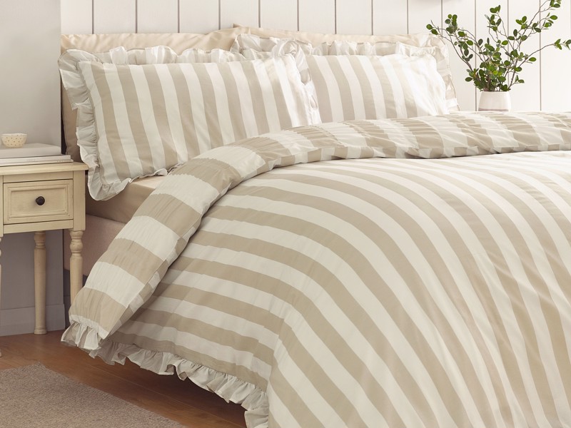 Catherine Lansfield Seersucker Frill Stripe Natural Duvet Cover Set3