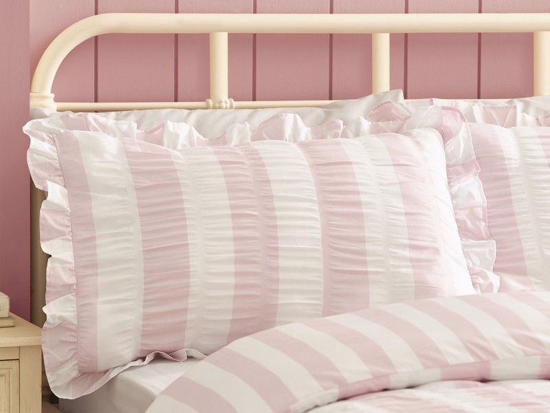 Catherine Lansfield Seersucker Frill Stripe Pink Duvet Cover Set2