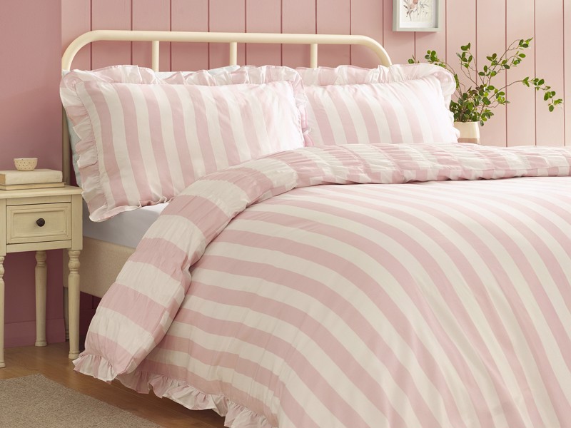 Catherine Lansfield Seersucker Frill Stripe Pink Duvet Cover Set3