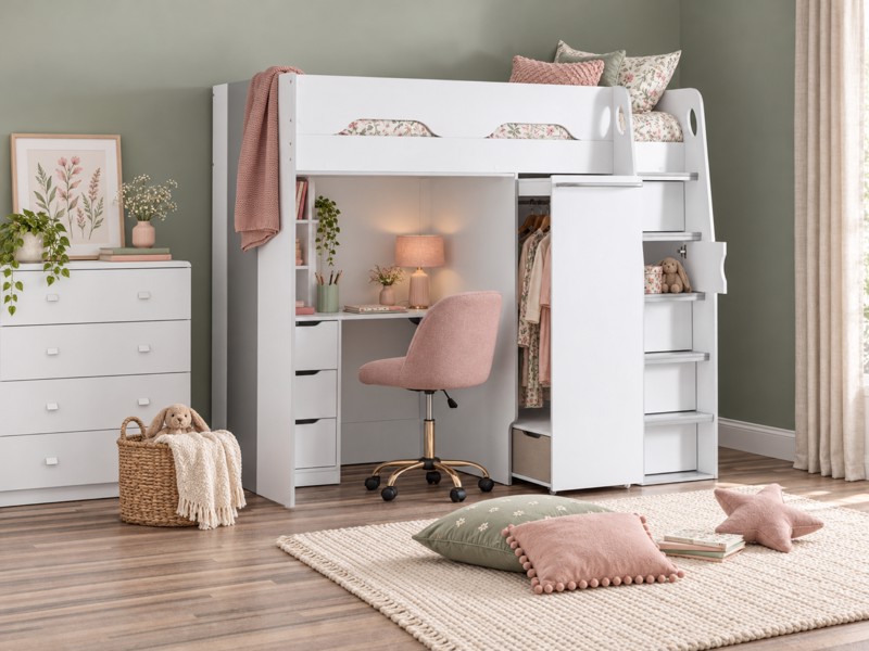 Land Of Beds Pascal White and Silver Wooden High Sleeper Kids Bed