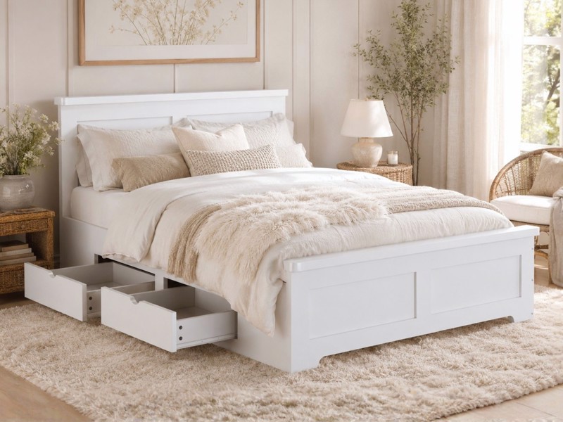 Land Of Beds Winton Fixed Drawer White Wooden Bed Frame