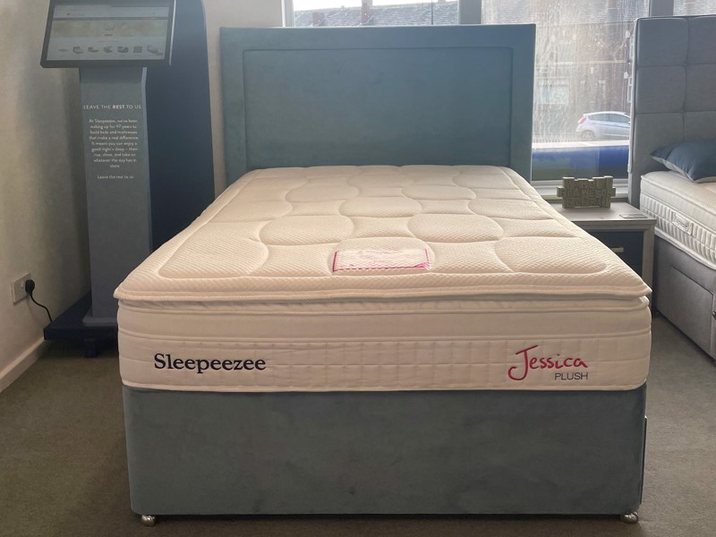 Sleepeezee Double Size - CLEARANCE - Ex-Showroom - Plush Light Blue Magnolia Headboard and Jessica Plush Divan Bed