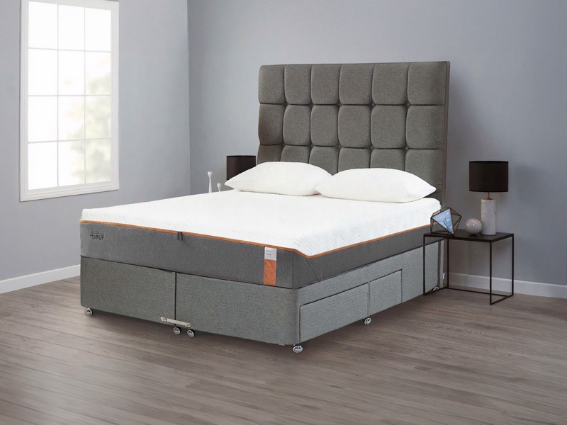 Tempur King Size - CLEARANCE - Ex-Showroom - Tweed Grey Buttoned Headboard And Original Elite King Size Divan Bed