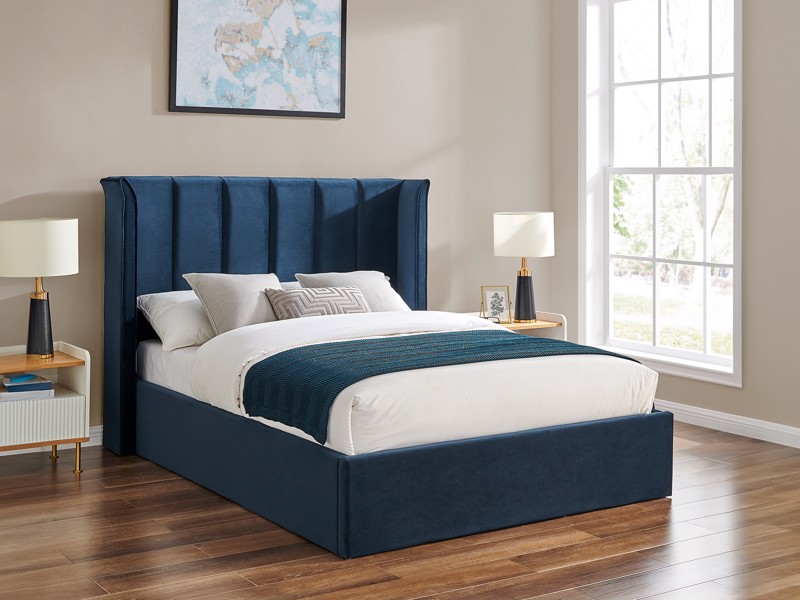 Land Of Beds Brimsley Navy Blue Fabric King Size Ottoman Bed
