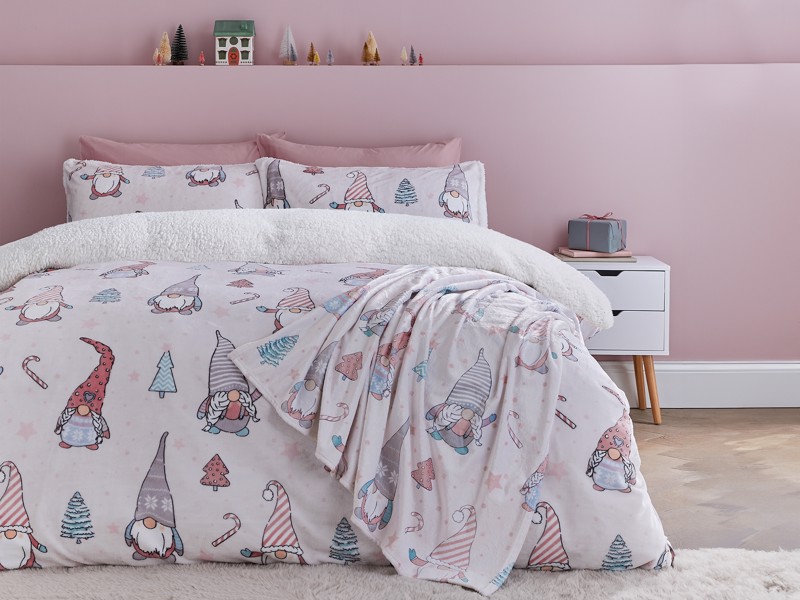 Catherine Lansfield Christmas Festive Gnomes Pink Duvet Cover Set