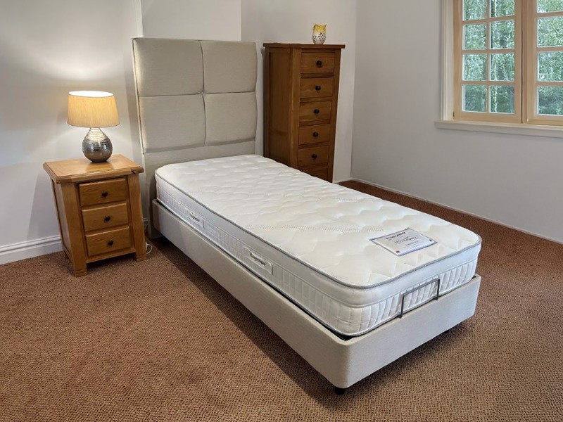 Sleepeezee Adjustable Single - CLEARANCE - Ex-Showroom Tweed Cream Iris Headboard and Whitney Deluxe  Adjustable Bed