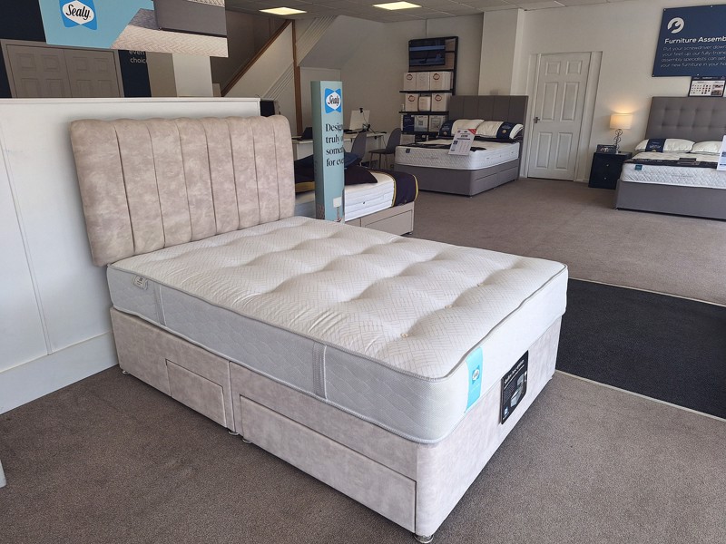 Sealy Double Size - CLEARANCE - Ex-Showroom - Velvet Dove Shard Headboard and Caldwell Double Divan Bed