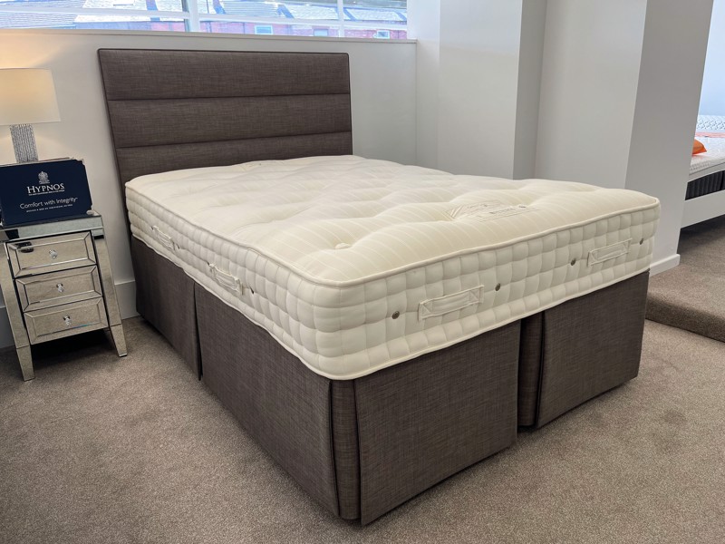 Hypnos Double Size - CLEARANCE - Ex-Showroom - Linoso Brown Josephine Headboard and Ortho Gold Divan Bed