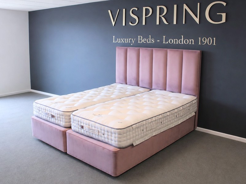Vispring Super King Size Zip and Link - CLEARANCE - Ex-Showroom - Plush Heather Ceto Headboard and Regal Superb Divan Bed