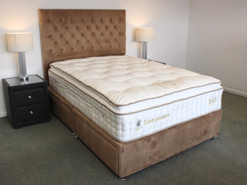 Sleepeezee Double Size - CLEARANCE - Ex-Showroom - Plush Beige Poppy Headboard and Centurial 03 Divan Bed