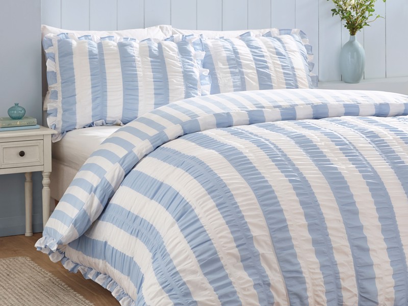 Catherine Lansfield Seersucker Frill Stripe Blue Duvet Cover Set