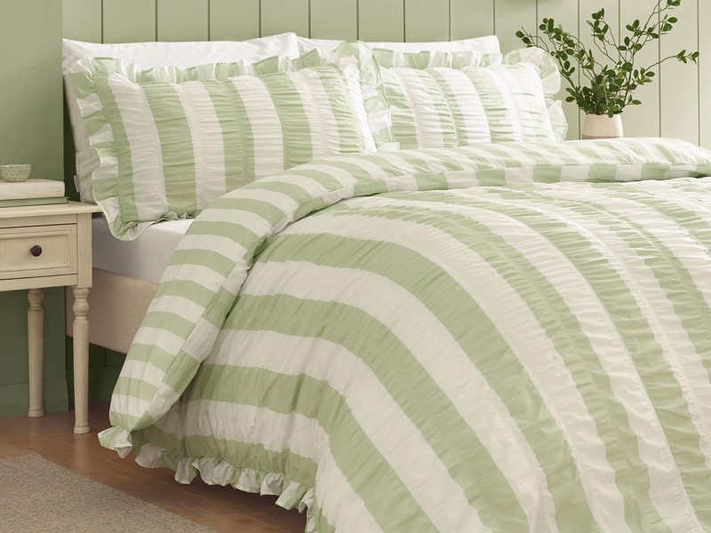 Catherine Lansfield Seersucker Frill Stripe Green Duvet Cover Set