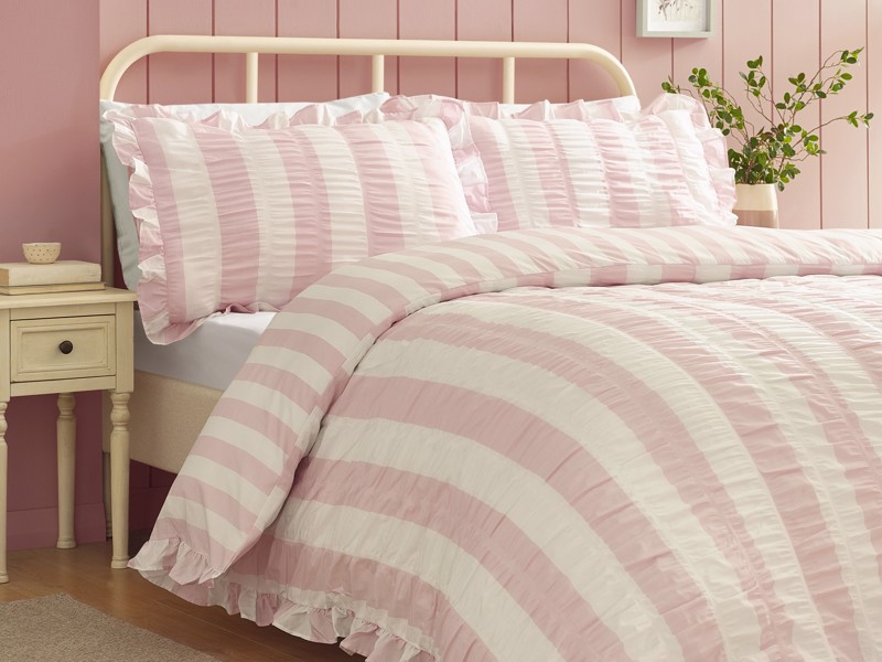 Catherine Lansfield Seersucker Frill Stripe Pink Duvet Cover Set