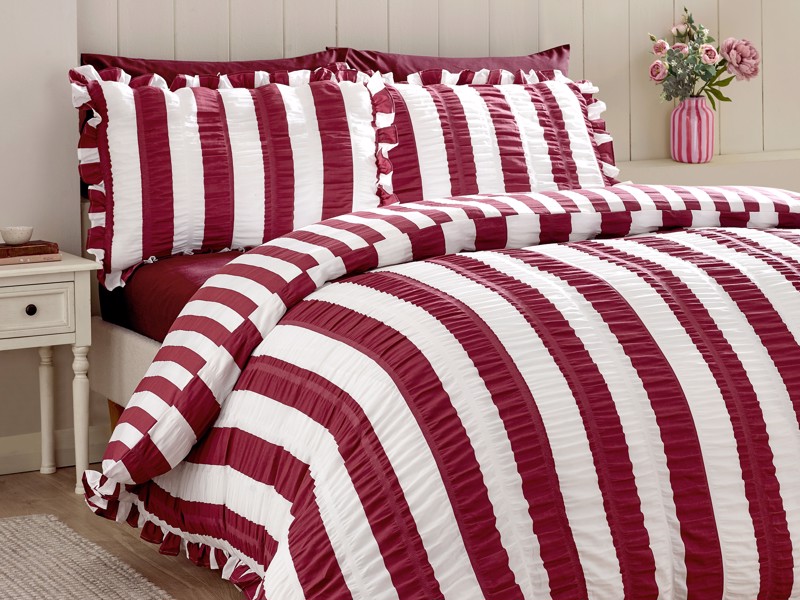 Catherine Lansfield Seersucker Frill Stripe Plum Duvet Cover Set