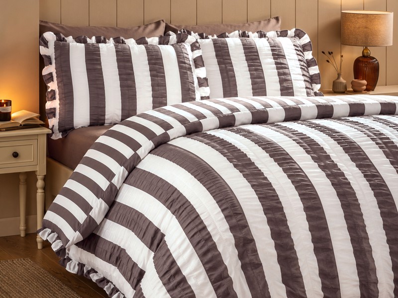 Catherine Lansfield Seersucker Frill Stripe Chocolate Duvet Cover Set