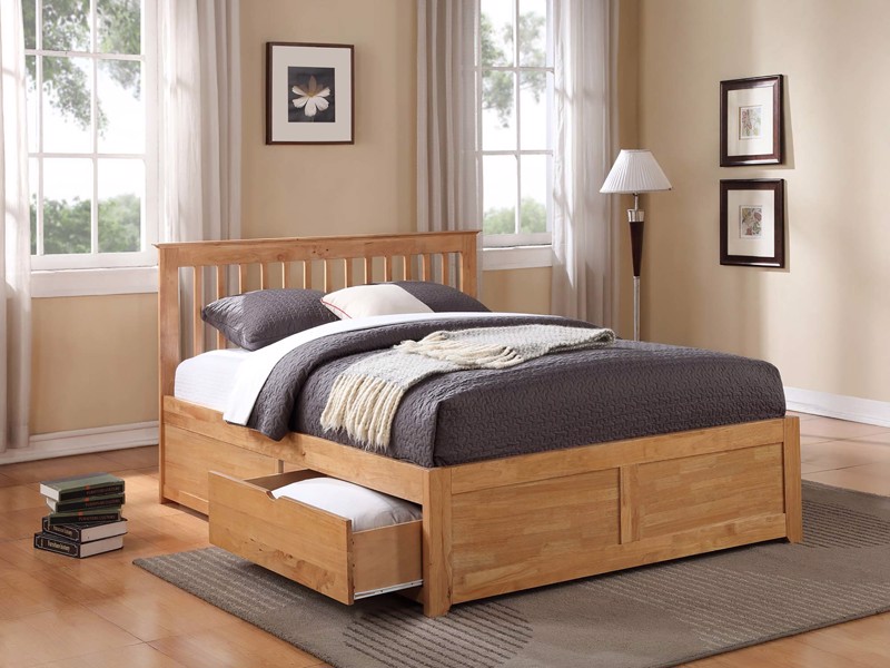 Land Of Beds Pentre Fixed Drawer Oak Finish Wooden Bed Frame