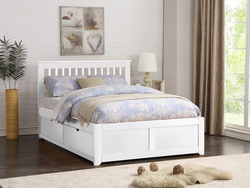 White wooden bed with storage drawers discount