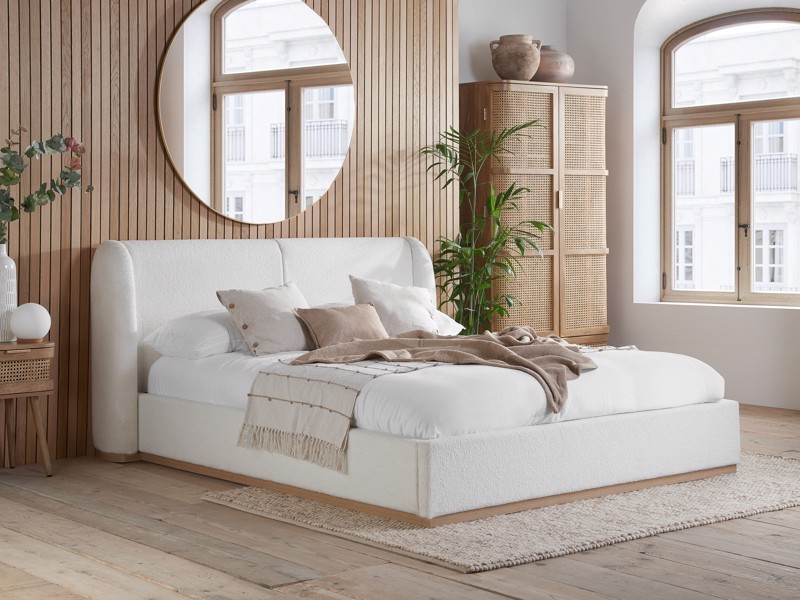 White fabric queen bed frame discount